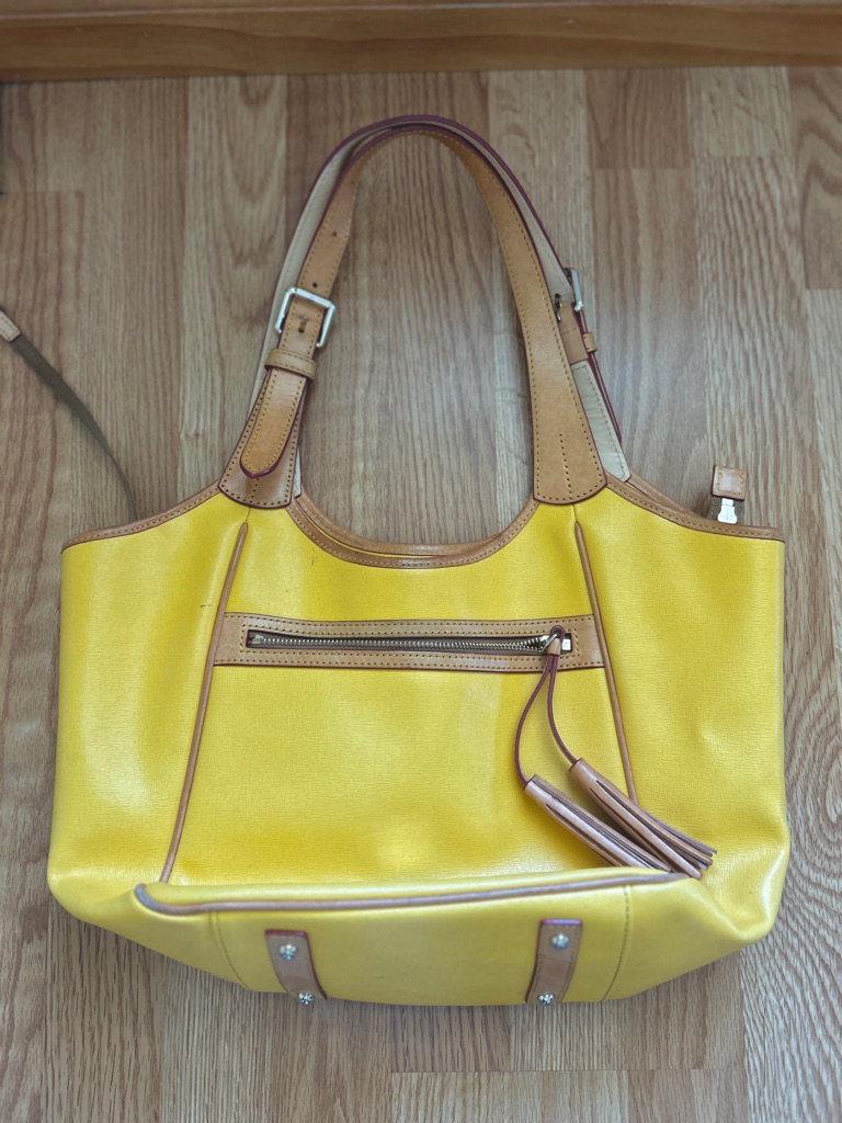 Dooney & Bourke Yellow Leather Shoulder Bag With Tan Trim And Tassel